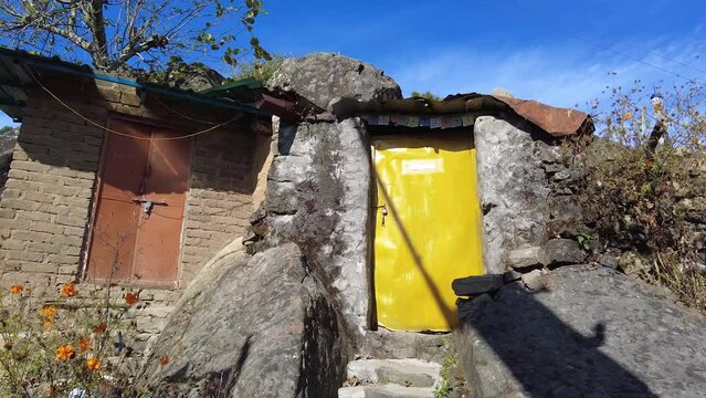 Caves for retreat at Rewalsar mountains (Tso Pema) at Mandi district in Himachal Pradesh, India. Where is the statue of Guru Rinpoche (Padmasambhava) located. Pilgrimage place. Meditation place