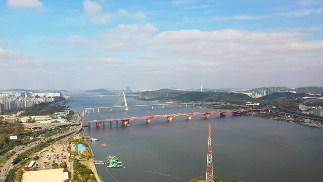 [korea drone footage] Han river landscape, Korea, Seoul, Seongsan Bridge
