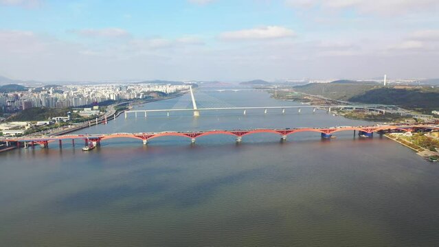 [korea drone footage] Han river landscape, Korea, Seoul, Seongsan Bridge