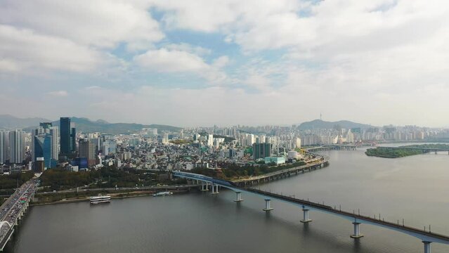 [korea drone footage] Han river landscape, Korea, Seoul, Dangsan Railway