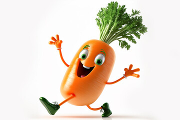 Cheerful funny carrot dancing isolated on a white background. Vegetable healthy food concept. Copy space. - obrazy, fototapety, plakaty