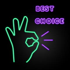 best choice neon sign, modern glowing banner design, colorful modern design trends on black background. Vector illustration.