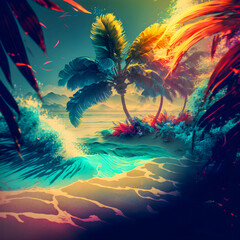 Hawaii palm tree and ocean waves illustartion