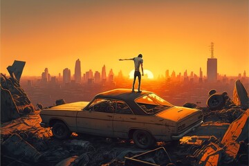 Fototapeta na wymiar A man stands near an old car in the sunset