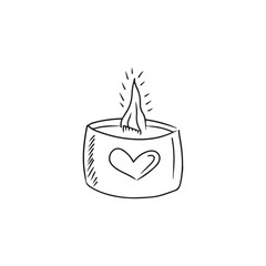 Candle with wooden wick in pot with heart in black isolated on white background. Hand drawn vector sketch illustration in simple doodle vintage engraved style. Romantic light atmosphere.
