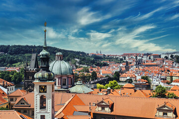 Beautiful panorama of Prague, Czechia with view to Charles Bridge, castles and historical old town