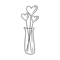 Stick with hearts in glass vase in black isolated on white background. Hand drawn vector sketch illustration in simple doodle vintage engraved style. Decoration, Valentines day, romance, love.