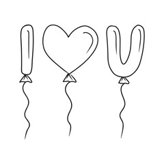 I love you balloons in the shape of letters and heart in black isolated on white background. Hand drawn vector sketch illustration in doodle vintage engraved style, Valentines day celebration holiday