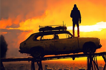 A man stands near an old car in the sunset