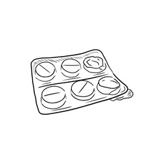 Realistic six pills blister with drugs with two empty slots in black isolated on white background. Hand drawn vector sketch illustration in doodle simple outline vintage engraved style. Painkiller