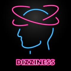 dizziness neon sign, modern glowing banner design, colorful modern design trends on black background. Vector illustration.