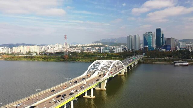 [korea drone footage] Han river landscape, Korea, Seoul, Yanghwa Bridge