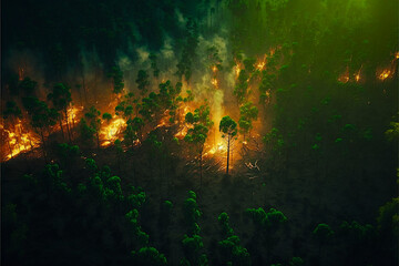 Tropical forest, rainforest, jungle. Wildfire, forest burning, digital painting. Illustration of trees that burn. Ai llustration, fantasy digital painting, artificial intelligence artwork
