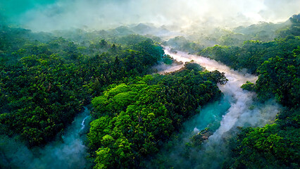 Naklejka na ściany i meble Tropical forest, rainforest, jungle. Trees and steaming river, drone view. Digital painting. Ai llustration, fantasy digital painting, artificial intelligence artwork 