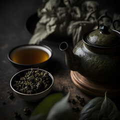 photo oolong green tea in a teapot and bowl photography - obrazy, fototapety, plakaty