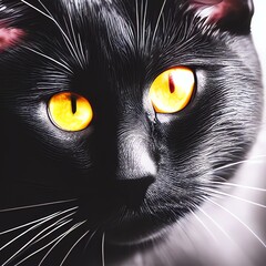 A.I, Generative close-up of a black cats face with yellow eyes.
