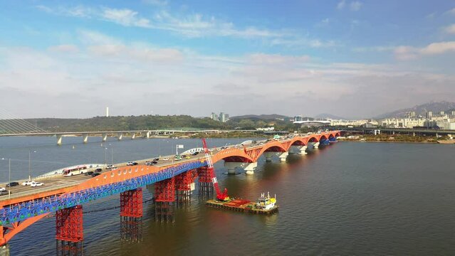 [korea drone footage] Han river landscape, Korea, Seoul, Seongsan Bridge