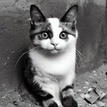 A.I, Generative, (black and white) of a small cat (kitten) coming out of a wall