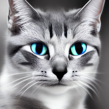 A.I, Generative, head shot of a black and white cat with light blue eyes and huge black pupils,