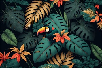a colorful tropical scene with a toucan and leaves on a black background with a black border around the image., generative ai