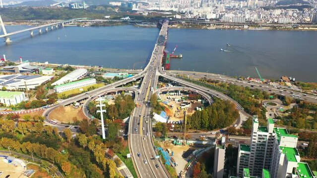 [korea drone footage] Han river landscape, Korea, Seoul, Seongsan Bridge