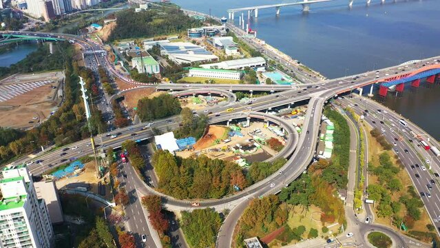 [korea drone footage] Han river landscape, Korea, Seoul, Seongsan Bridge
