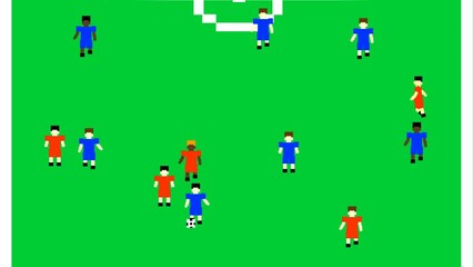 Animated video of soccer game in 8-bit old style, arcade, pixel, 2d, art.