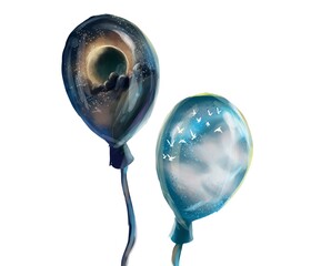 balloons with galaxy style and sunny cloud sky