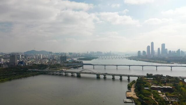[korea drone footage] Han river landscape, Korea, Seoul, Yanghwa Bridge