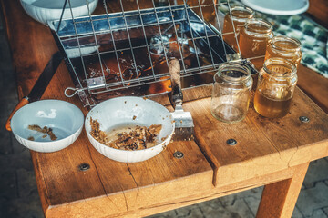 Work with a comb to print out a honeycomb. Honey processing at home. Honey in glass bottles.