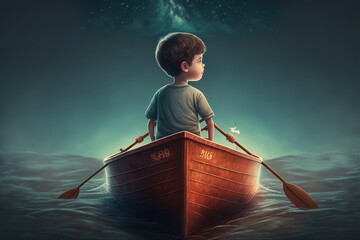 A boy rowing a boat under the starry sky