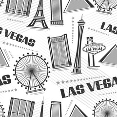 Vector Las Vegas seamless pattern, square repeat background with illustrations of simple contour buildings on white background for bed linen, monochrome line art urban poster with black text las vegas © mihmihmal