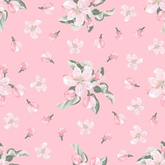 Floral seamless pattern with blooming apple tree buds and flowers on a pink background, digital freehand drawing.