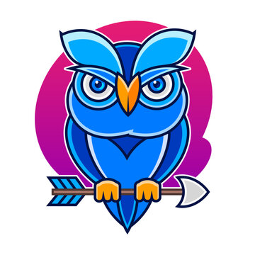Owl with arrows on a white background. Vector image of a tattoo. Blue