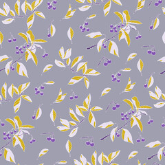 Seamless pattern with twigs and berries. Hand-drawn cute design for wallpaper, card, templates. 