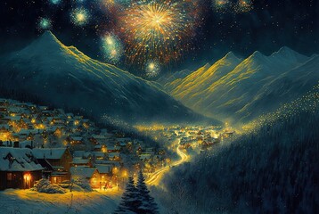 illustration of small valley town in winter season , new year celebration with firework on sky