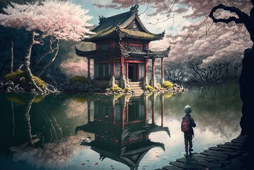 a kid boy or girl found big Asian pavilion building in abandon cherry blossom garden during spring time, idea for beautiful background backdrop wallpaper