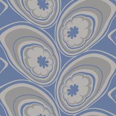Stain swirl with flower. Blue and gray ebru art. Seamless pattern. Traditional Turkish Ebru technique. Painting on water transferred  hand drawn vector illustration.