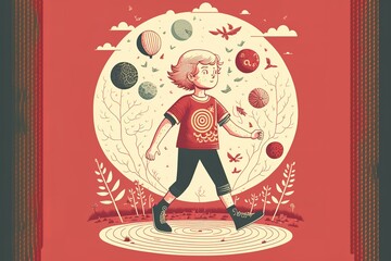 A boy walks among magic circles, a fabulous illustration