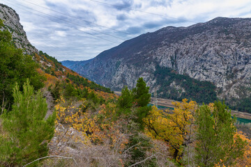 River Cetina, Omiš and mountains in Croatia. Croatian nature landscape. December on the Adriatic sea coast