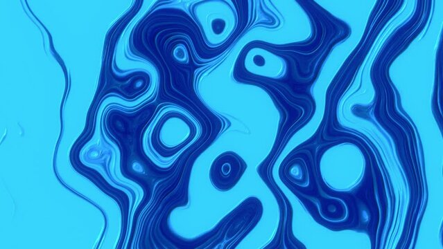 Abstract motion background with liquid bright azure and shining oil texture, wavy smooth surface with white glares. Computer, technology, business and art theme concept. - 4K Seamless loop background