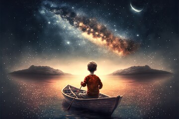 A boy looks at a boat under the night sky