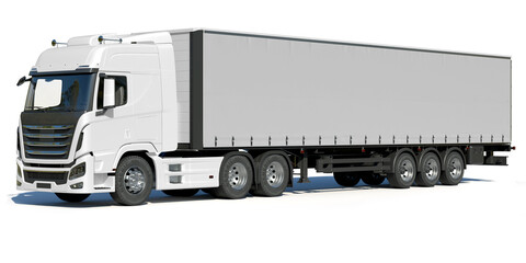 White truck with trailer on white background - obrazy, fototapety, plakaty