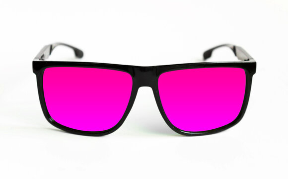 Eyewear glasses with pink lens. Concept fals life creative art stock photo
