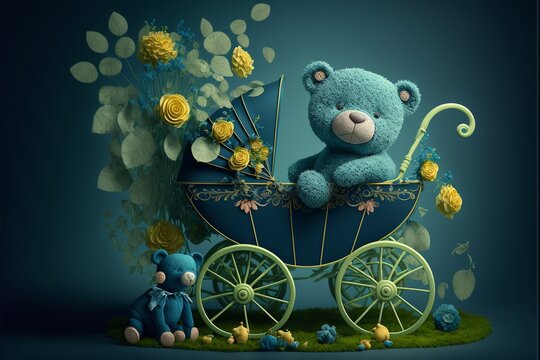 Liebevolle Grußkarte mit Teddybär und Kinderwagen in Blau Töne, ai generativ