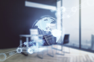 Creative concept of robotics technology with globe sketch and modern desktop with computer on background. Robot development and automation concept. Multiexposure