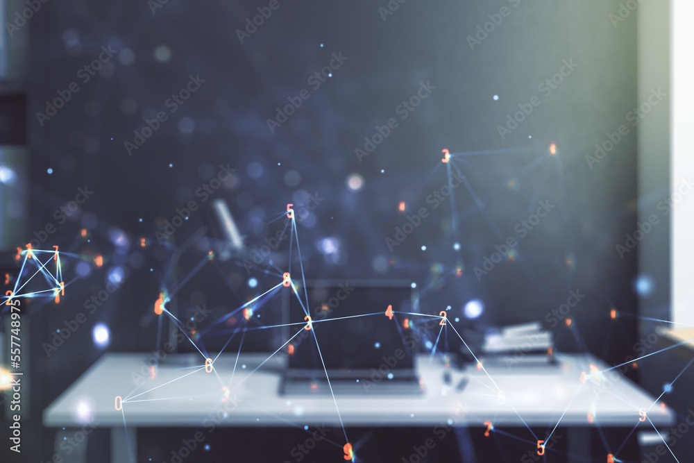 Poster Double exposure of technology hologram and modern desktop with laptop on background. Research and development software concept