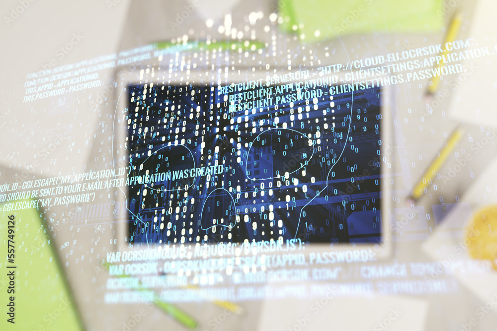 Poster creative code skull hologram and modern digital tablet on desktop on background, top view, cybercrim