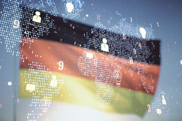 Double exposure of social network icons interface and world map on flag of Germany and blue sky background. Networking concept