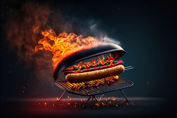 Tasty hotdog with sausage and sauce, smoke and fire background - obrazy, fototapety, plakaty